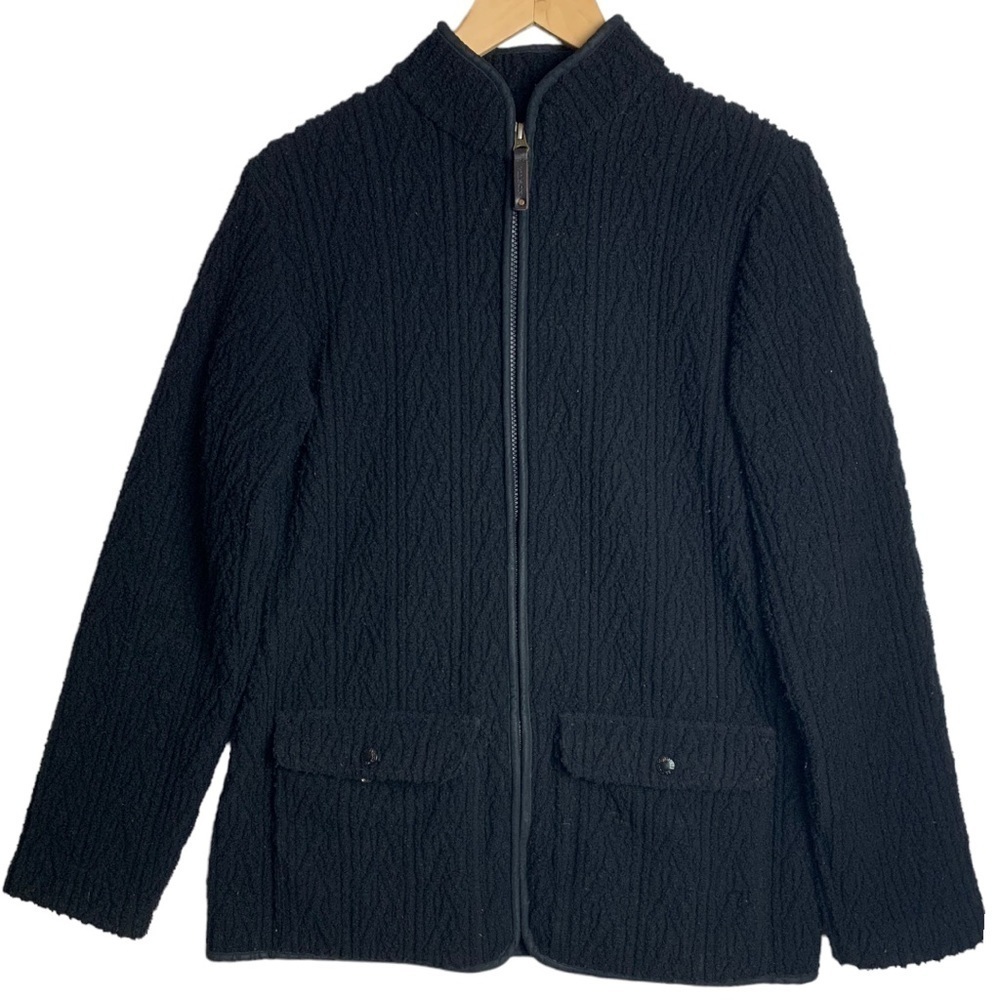 FILSON Women’s Black Wool Jacket Size Medium Cable-Knit  Full Zip Pockets